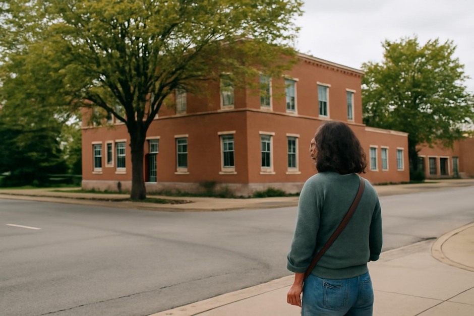 A person standing on a street corner looking at a tree and buildings
