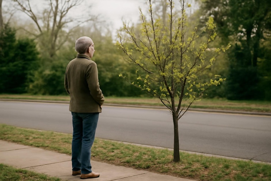 A person standing on a sidewalk watching a tree with early leaves